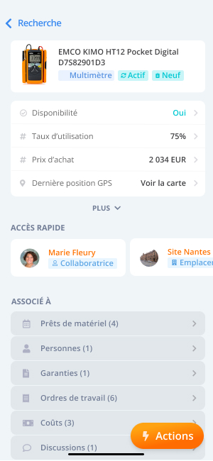 Screenshot of an inventory of different equipment on the mobile application