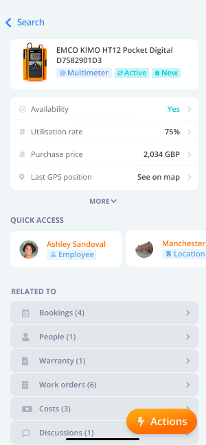 Screenshot of an inventory of different equipment on the mobile application